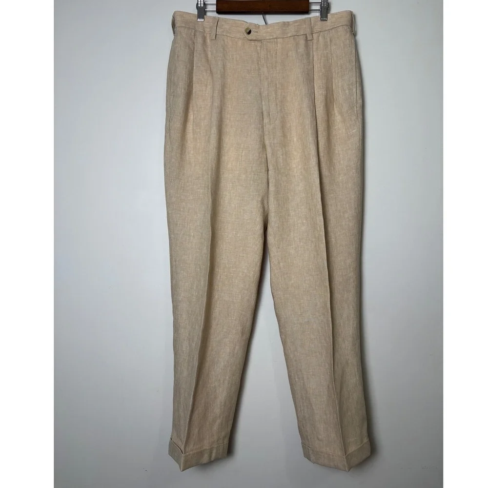 Jos. A. Bank Mens Linen Trousers 36x30 Pleated Cuffed Coastal Business Casual
